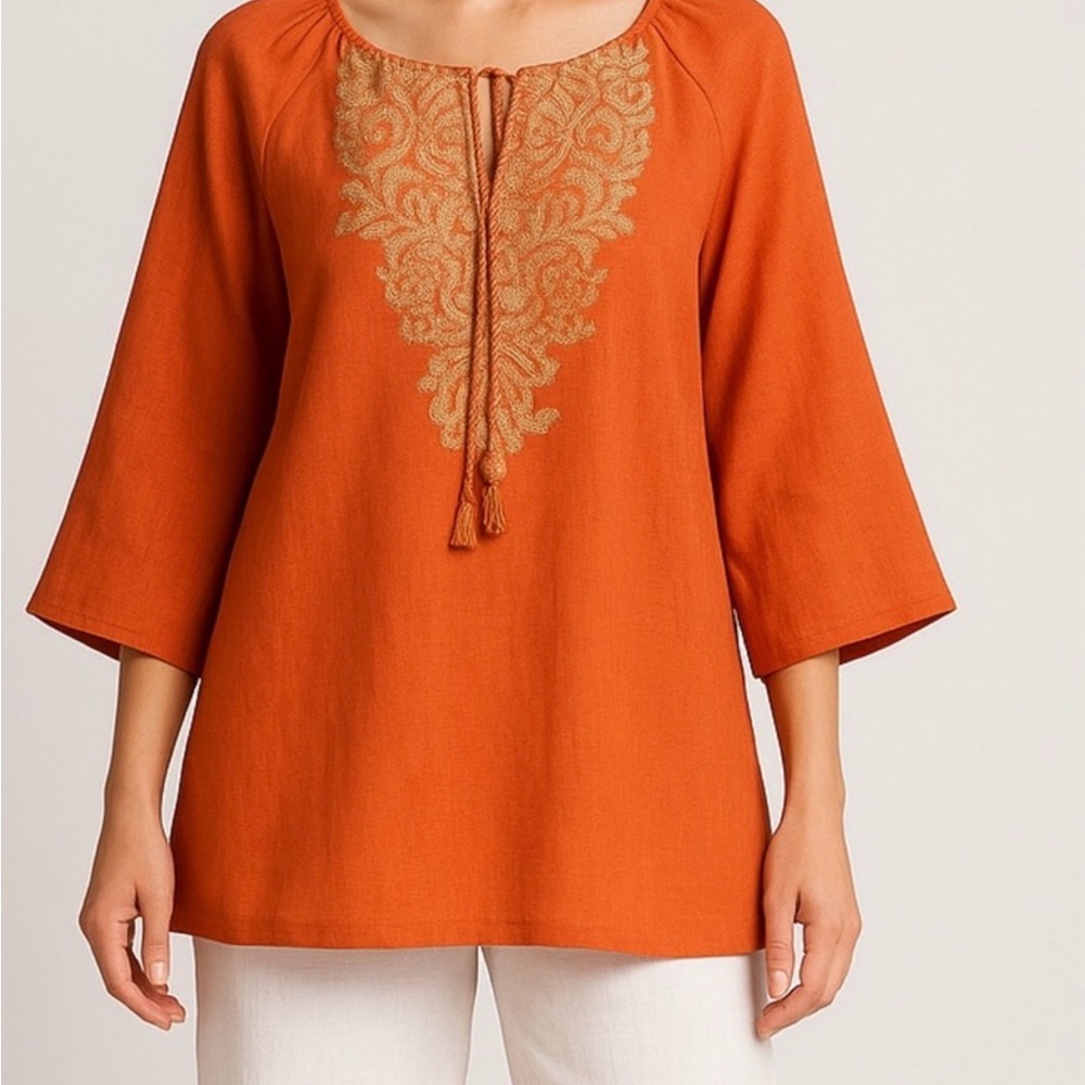 Chico's NWT Women’s Medium Tunic Gold Lace Boho Linen Resort Top
